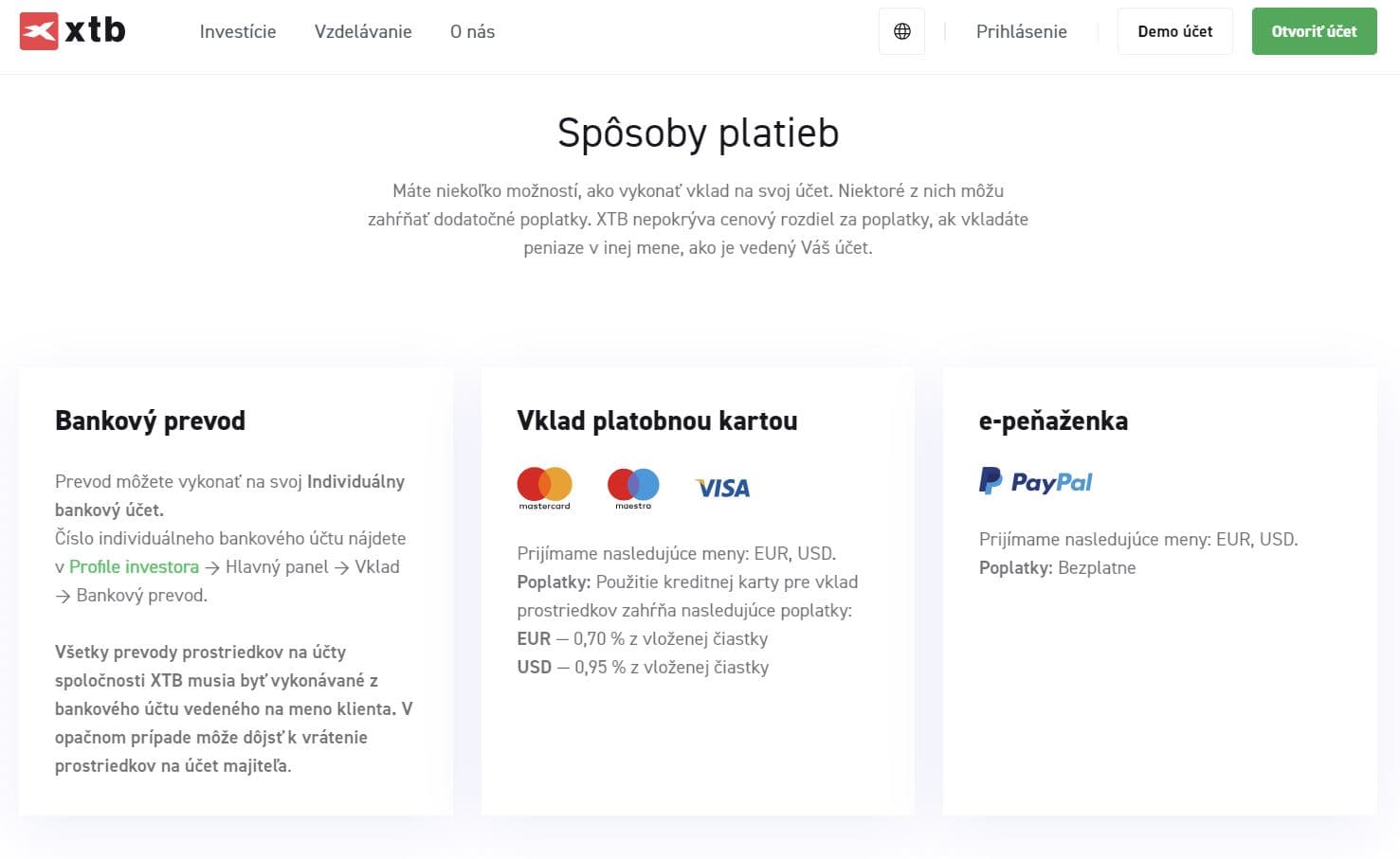 Platby na XTB