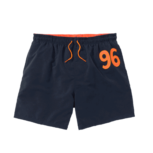 Športové šortky na kúpanie v zaujímavej tmavomodrej a oranžovej kombinácii